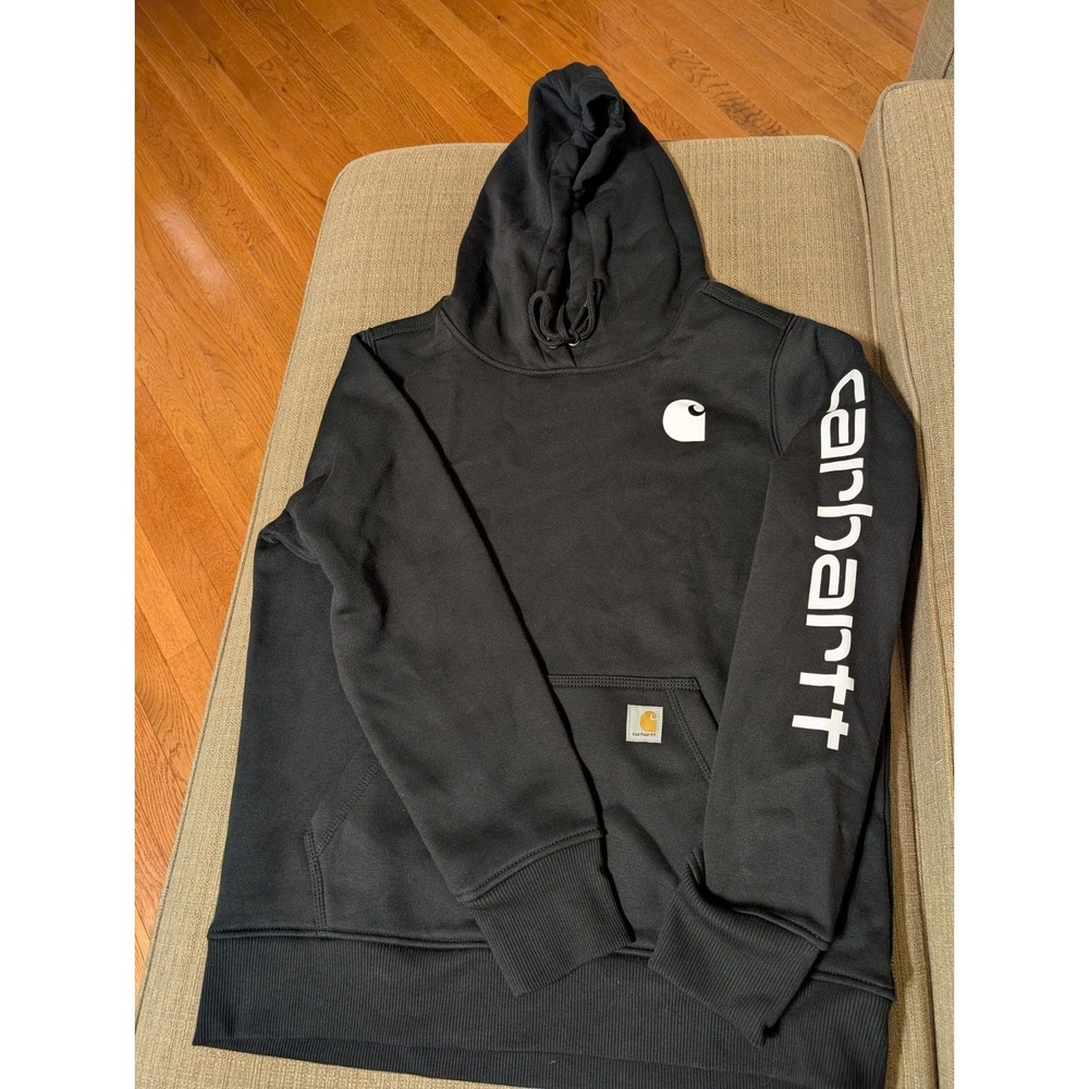 NEW Carhartt Women's XS Clarksburg Graphic Sleeve Hoodie Black Pullover Logo